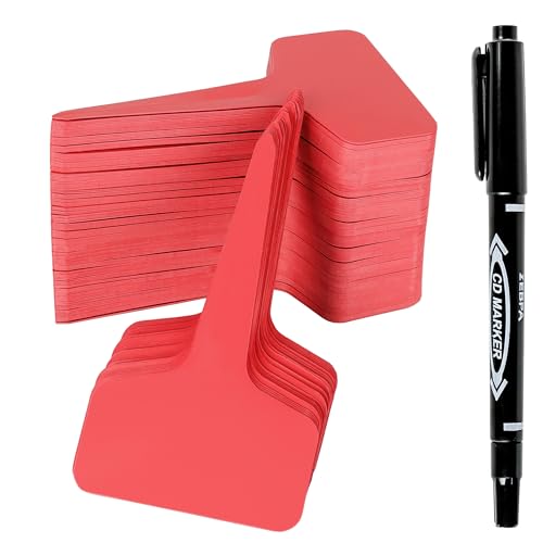 Xgunion Plant Labels Tags 200Pcs T-Type Markers Red with Marking Pen - color: Red