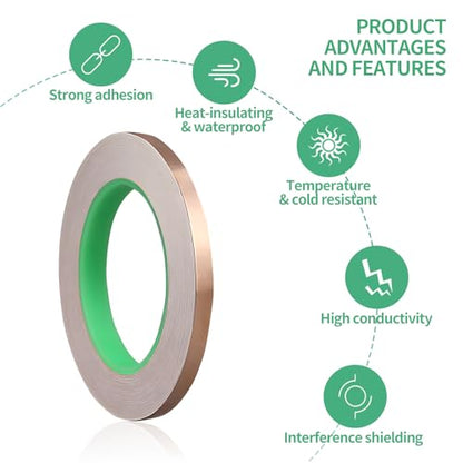 2PCS Copper Foil Tape with Double-Sided Conductive Adhesive (0.2" x 65.6FT) - Guitar Shielding Tape, EMI Shielding Tape, Copper Barrier for Gardens, Stained Glass, Crafts, Electrical Repairs - style: 2pcs
