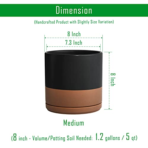 D'vine Dev 2-Pack Ceramic Pots with Saucers, Black/Tan, 8 in, 94-V-D-7 - color: Black/Speckled Tan, size: 8 Inch