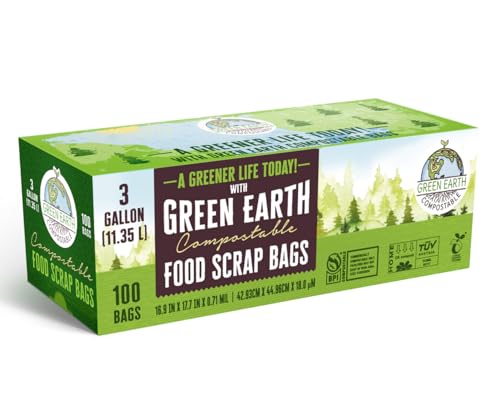 Green Earth Compostable Small Kitchen Food Scrap Trash Bags, Extra Thick 0.71 Mil, Compost Bin Compatible, 3 Gallon, 11.35 Liter, 100-Count, ASTM D6400, BPI (US) & OK Compost Home (EU) Certified - size: 100 Count (Pack of 1), style: 3 Gallon