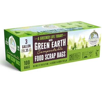 Green Earth Compostable Small Kitchen Food Scrap Trash Bags, Extra Thick 0.71 Mil, Compost Bin Compatible, 3 Gallon, 11.35 Liter, 100-Count, ASTM D6400, BPI (US) & OK Compost Home (EU) Certified - size: 100 Count (Pack of 1), style: 3 Gallon