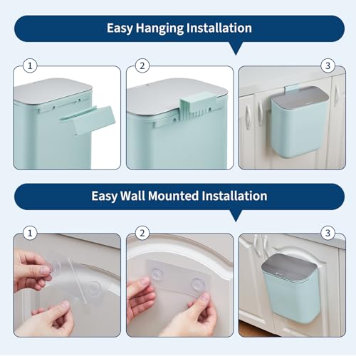 2.38 Gallon / 9 Liter Compost Bin Hanging Trash Can Stainless Steel Garbage Can with Stainless Steel Lid and Hanging Hook, for Kitchen、Bathroom& Offices, Green - color: Green, size: Large