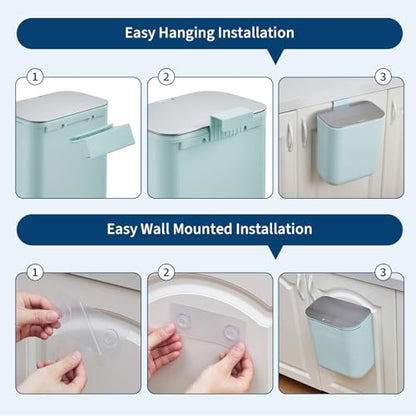 2.38 Gallon / 9 Liter Compost Bin Hanging Trash Can Stainless Steel Garbage Can with Stainless Steel Lid and Hanging Hook, for Kitchen、Bathroom& Offices, Green - color: Green, size: Large