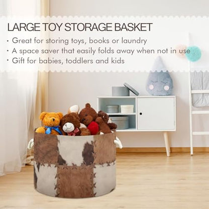 Brown Cow Fur Print Round Storage Basket Collapsible with Handle - color: Brown white