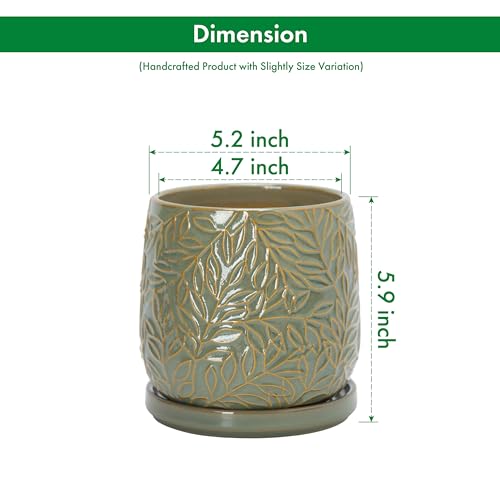 D'vine Dev Embossed Leaves Ceramic Planter, 5 in, Olive, 27-A-V-0 - color: Olive, size: 5 Inch