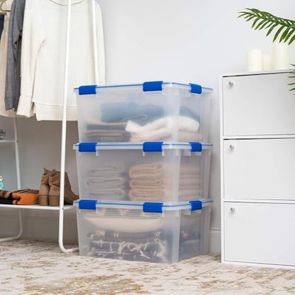 IRIS USA 3-Pack 60 Qt Storage Bins with Gasket Lids, Clear/Blue - size: 60 Qt. - 3 Pack