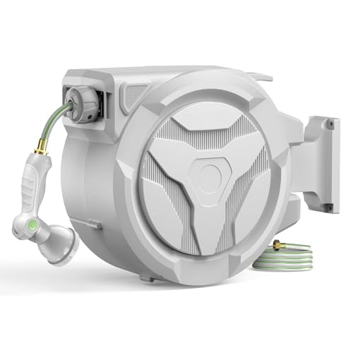 Etoolab Retractable Garden Hose Reel 100ft x 1/2 in with 10 Spray Nozzle - color: White