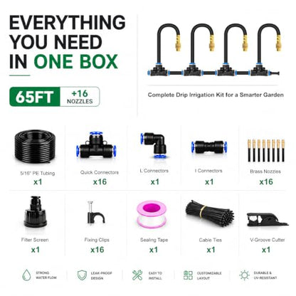 5/16" Drip Irrigation System 65 ft with 16-Pcs 360° Adjustable Copper Nozzles, Automatic Misting Watering System for Garden, Raised Beds, Greenhouse (65ft+16 nozzles) - size: 65ft+16 nozzles