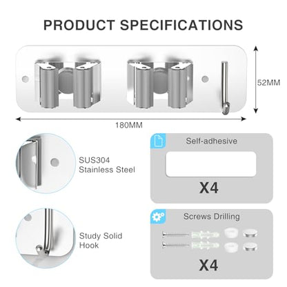 homeasy Wall Mount Mop and Broom Holder, Heavy Duty Stainless Steel Organizer Rack with Hooks | 4-Pack, 2-in-1 No Drill & Screw Installation, Silver - color: Silver-4