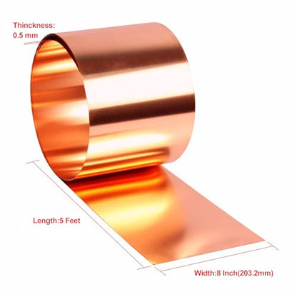 Copper Flashing 99.95% Pure - 24 Gauge 0.5mm Thick Copper Strip - Solid Copper Roll in Various Widths & Length – ASTM B152M Copper Sheet - Contractors & DIY Projects (24 Ga, 8" Width x 5 FT) - size: 24 Ga, 8" Width x 5 FT