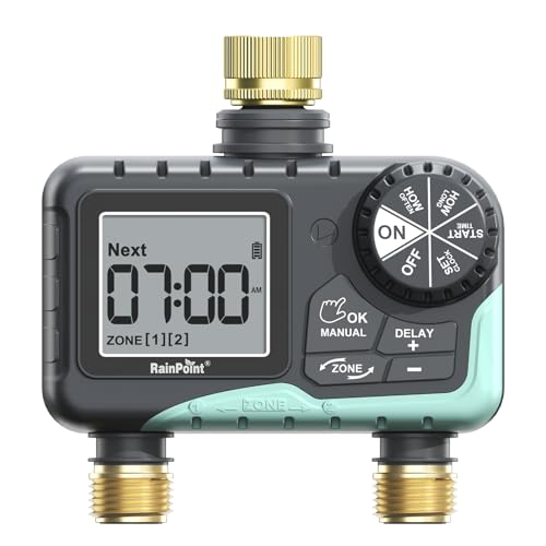 RAINPOINT 2 Zone Sprinkler Timer with Brass Inlet and Outlet - Water Timer for Garden Hose with Rain Delay/Manual Watering/Automatic Irrigation Controller System for Yard Lawn Garden(Blue) - color: Blue