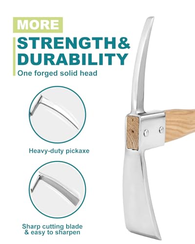 15 Inch Pick Axe, Stainless Steel Mattock with Solid Wood Handle