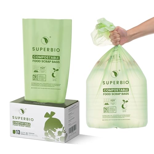 SUPERBIO 13 Gallon Compostable Kitchen Waste Bags, 50 Count, 1 Pack - color: 13 Gallon Flat Top, 50 Count