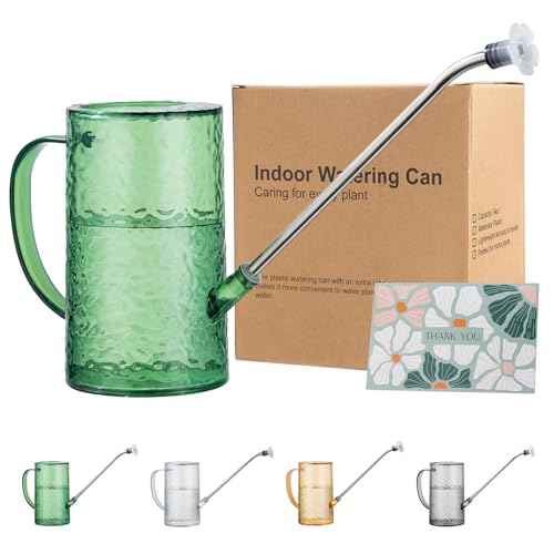 Watering Can for Indoor Plants, Water-Ripple Design Small Plastic Plant Watering Can with Long Spout and Detachable Shower Head for Houseplants, Flowers, and Succulents, 34oz, Forest Green