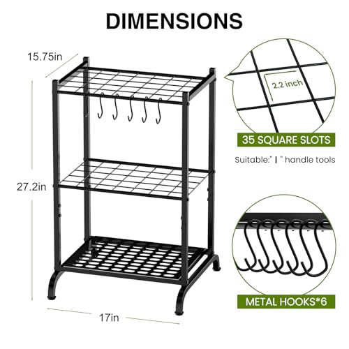 RANXFLOAT Garden Tool Organizer with Storage Hooks, Yard Tool Tower Rack for Garage Organization and Storage, Up to 35 Long-Handled Tools, Metal Tool Holder with 6 Hooks, Black