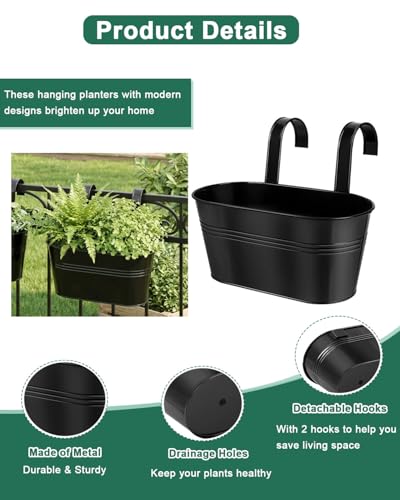 11 Inch Railing Planter Box, 5 Pack Metal Hanging Planters with Hooks - color: Black