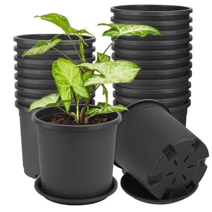 24 Pack 1.5 Gallon Nursery Pot, 7 Inch Garden Pots, Plastic Flower Pot with Matching Tray (Black) - color: Black, size: 24 Pack 1.5 Gallon