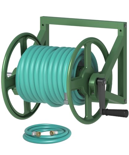 Artigarden Garden Hose Reel Wall Mounted, Outdoor Heavy Duty Powder Coated Metal Water Hoses Holder Winder Holds 125 ft 5/8" Hoses with 3.9ft Leader Hose, Stainless Steel Connector for Outside, Green - color: Green
