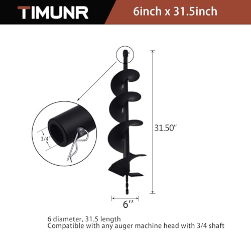 6 Inch Earth Auger Drill Bits for Planting, 6 x 31.5 Gasoline Engine Auger Post Hole Digger Drill Bits, Bulb Planter Tool with 3/4 Shaft