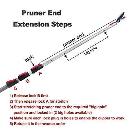 5.4-14.8 FT Tree Pruner Extendable 4 Sections, Telescopic Cut and Hold Trimmers Pole Saws Trimming Long Reach Pruning Shears Branch Cutter Clipper Bypass Lopper Fruit Picker