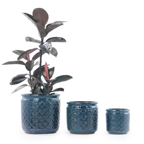 3 PCS Ceramic Planter, 9/12/15 Inch Cylinder Planter with Drainage Hole, Large Plant Pots - Navy Blue - color: Navy Blue
