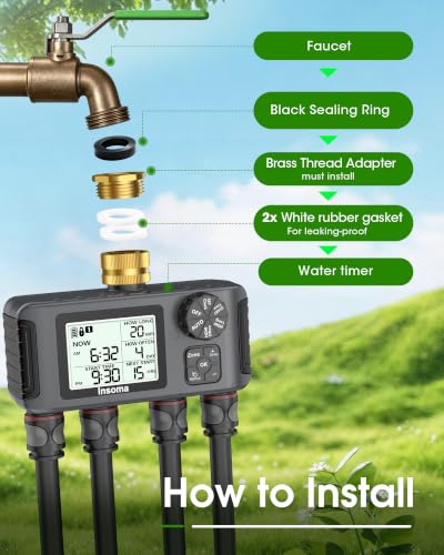 Insoma 4 Zones Sprinkler Timer with Brass Inlet & Outlet, Water Timer for Garden Hose with Auto/Manual/Rain Delay Mode, Hose Timers for Irrigation Watering System for Yard, Lawn, Plant Watering - size: 4 Outlets