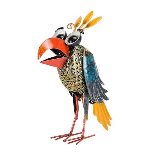 Alpine Corporation 12" Tall Outdoor Metal Wide-Eyed Bird Standing Yard Statue Decoration, Multicolor - color: 12" Multicolor Bird