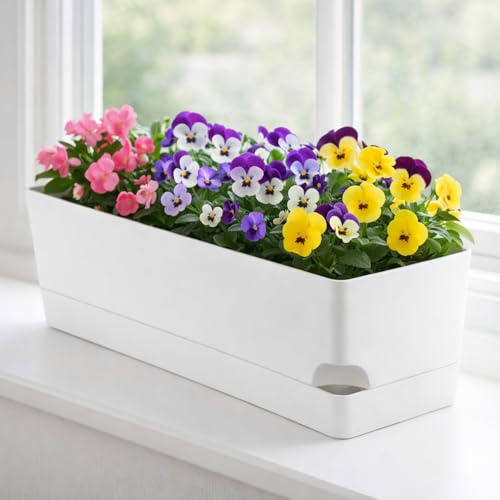 Party Zealot Window Boxes Planters, 5 Pack Self Watering Pots for Indoor Plants 17 Inch Rectangular Planter Rectangle Flower Pots Long Plant Pot Large Window Sill Herb Planter Box, White - color: White