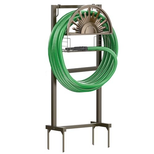 Garden Hose Reel Holder Stand Holds 150ft of 5/8 Hose with 2 Hooks - color: Bronze
