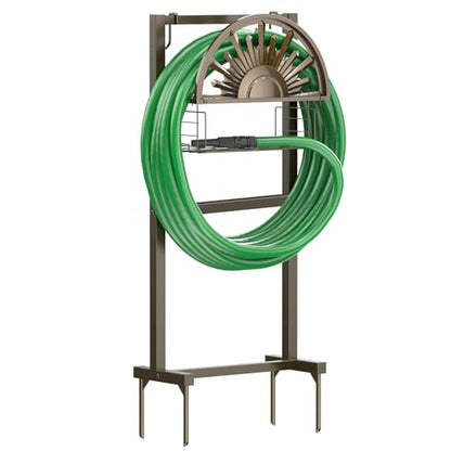 Garden Hose Reel Holder Stand Holds 150ft of 5/8 Hose with 2 Hooks - color: Bronze