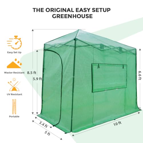 EAGLE PEAK 10x5 Easy Setup Pop Up Greenhouse, Lean-to Design, Clear/Green - color: Clear/Green, size: 10x5