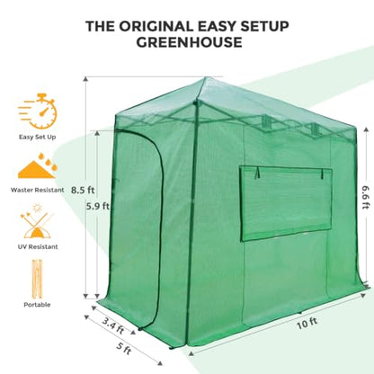 EAGLE PEAK 10x5 Easy Setup Pop Up Greenhouse, Lean-to Design, Clear/Green - color: Clear/Green, size: 10x5