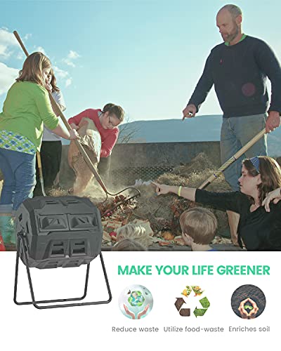43 Gallon Dual Chamber Tumbling Composter with Integrated Thermometer - Rotatable Outdoor Compost Bin, Dual Batch Design for Garden Waste, Black - color: Black