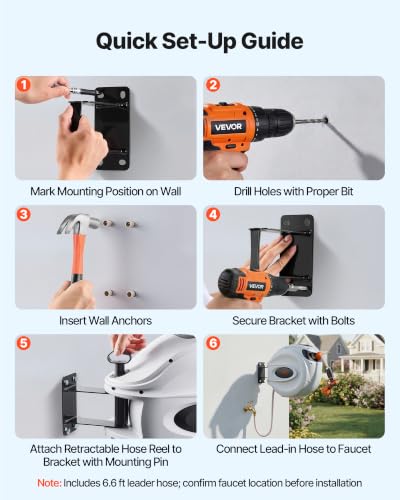 VEVOR Retractable Hose Reel, 100 ft x 1/2 inch, 180° Swivel Bracket Wall-Mounted, Garden Water Hose Reel with 9-Pattern Nozzle, Automatic Rewind, Lock at Any Length, and Slow Return System