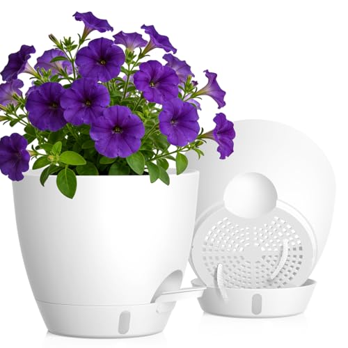 Self Watering Pots with Drainage Holes, 2 Pack 10 Inch Plant Pots with Water Level Indicator Deep Reservoir, Large Plastic Planter for Indoor Outdoor Plants - White - color: White, size: 10 Inch 2 Pack