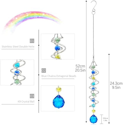 20.5in Sea Blue Crystal Gazing Ball Spiral Wind Spinner Suncatcher - color: Silver With Blue Ball Drop Prism