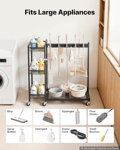 VEVOR Broom Holder with Cleaning Supplies Organizer, Garage Storage Metal - size: Medium