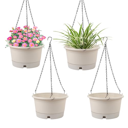 4 Pack 10 Inch Plastic Hanging Baskets with Removable Trays, Beige - color: Beige, size: 10 Inch - 4 Pack