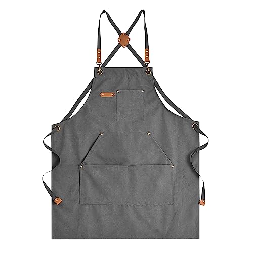 Aoomzoon Canvas Aprons for Men Women, Heavy Duty BBQ Apron with Pockets - color: Gray