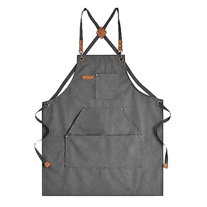 Aoomzoon Canvas Aprons for Men Women, Heavy Duty BBQ Apron with Pockets - color: Gray