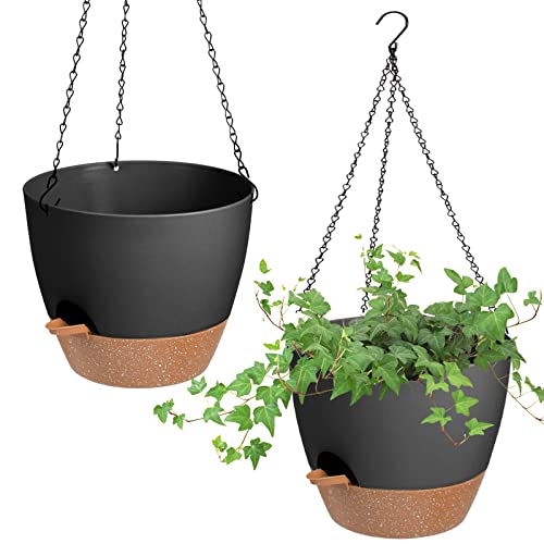 10 Inch Self Watering Hanging Planters for Indoor Outdoor Plants, 2 Pack - color: Black, size: 10''