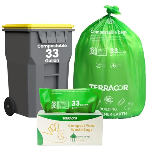 30-33 Gallon Compostable Trash Bags Liners Flat-Top, Heavy Duty Extra Thick 1.28 Mil, 124.92 Liter, 30 Bags, Lawn, Yard, and Restaurant Use, ASTM D6400, US BPI Certified - color: 33 Gal