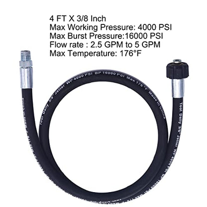 Tool Daily Pressure Washer Whip Hose 4 FT, 3/8" NPT, M22 14mm Female Thread - size: 4 FT