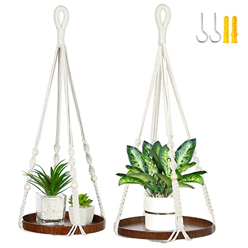 2 Pack Macrame Plant Hanger, Hanging Plant Shelf (12" + 10") - color: Beige, size: 2-Pack, 1-Tier