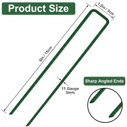 50pcs Green Landscape Staples Heavy Duty 6 Inch 11 Gauge, Lawn Stakes Pins with Coating, Rust Resistant, Blends into Grass for Artificial Turf, Weed Barrier, Pet Fence, Outdoor Decor