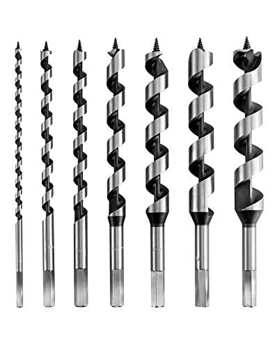 QWORK Auger Drill Bit Set, 7 Piece Set 9" Auger Bit Set Hardened Alloy Steel Ship Auger Bit Creates Deep Clean Hole Precise Drilling for Wood Drilling