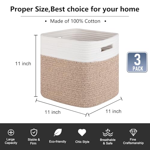 OIAHOMY Storage Cubes 11 Inch Storage Bin 3-Pack Square Basket White&Brown - color: White & Brown