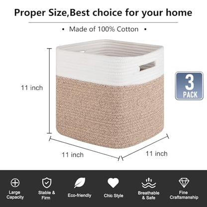 OIAHOMY Storage Cubes 11 Inch Storage Bin 3-Pack Square Basket White&Brown - color: White & Brown