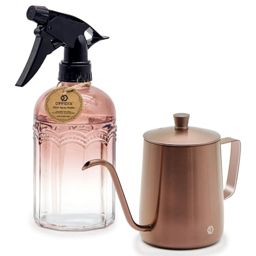 OFFIDIX Watering Can for Indoor Plants Long Spout Metal Stainless Steel 21 oz Small Watering Can with 14 oz Glass Plant Mister Spray Bottle for Plants Bonsai - color: Rose Gold Watering Can+tawny Clear Spray Bottle