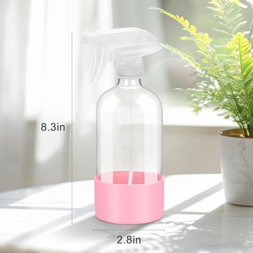 Glass Spray Bottles - 2 Pack 16 oz Clear Spray Bottles with Silicone Sleeve - color: Pink&Grey